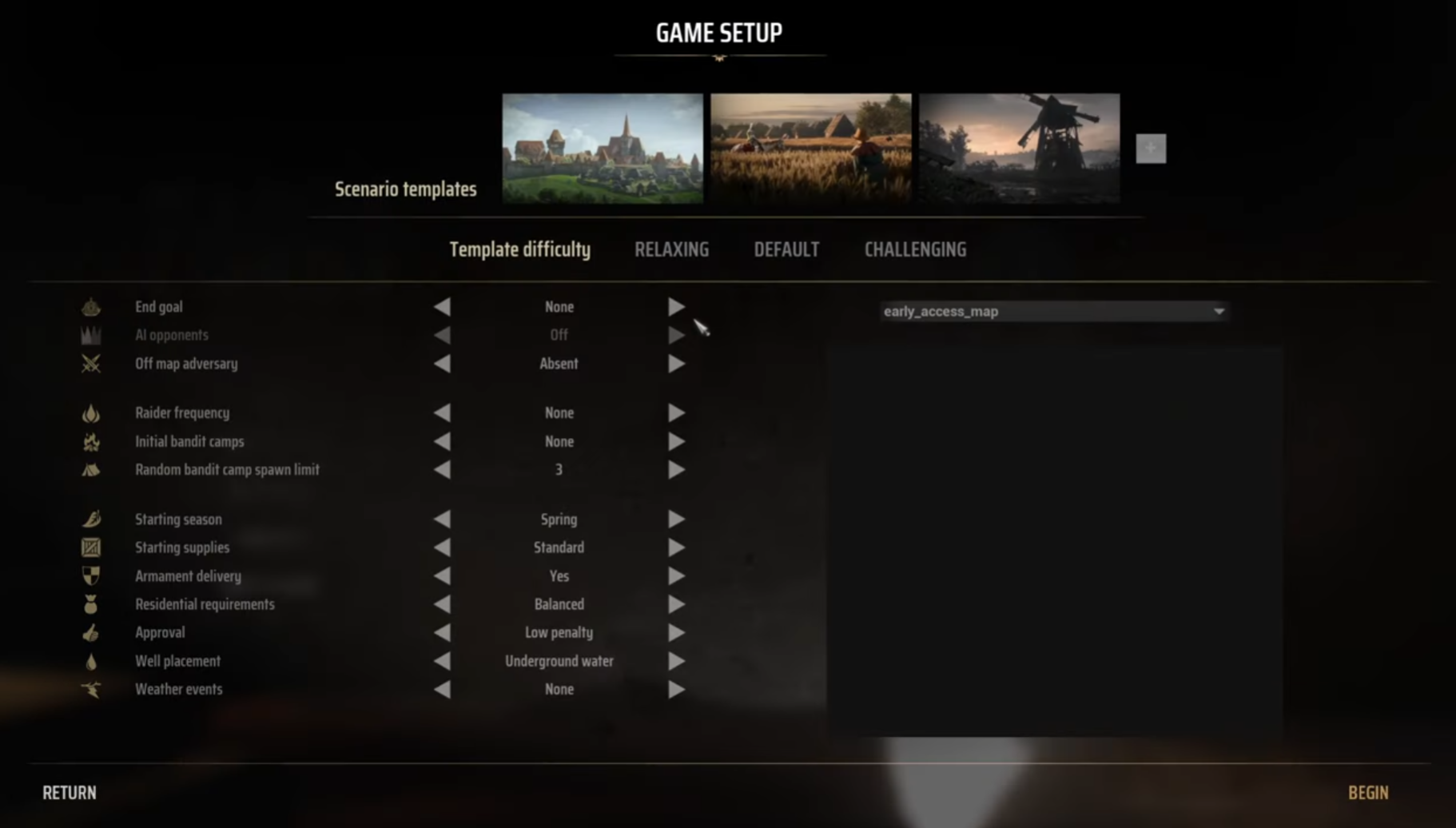 The Game Setup screen in Manor Lords