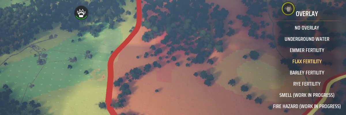 Fertility overlay in Manor Lords. To the left, green indicates good fertility. Yellow, orange or red indicates bad fertility, resulting in low yields.