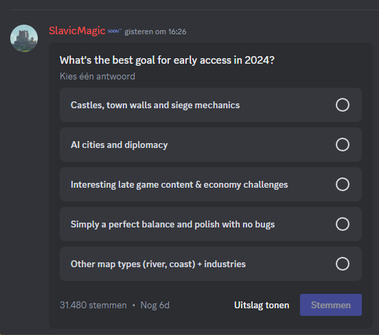 Screenshot of Discord channel discussion on Manor Lords goals for 2024