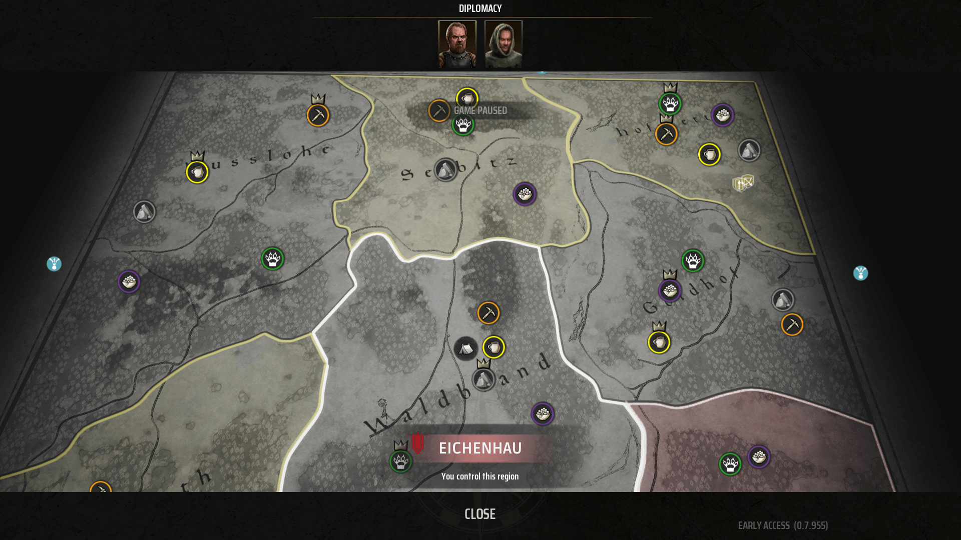 A map overview in Manor Lords. Resources in Hofstetten are close together, as opposed to Nusslohe where they're all spread out.