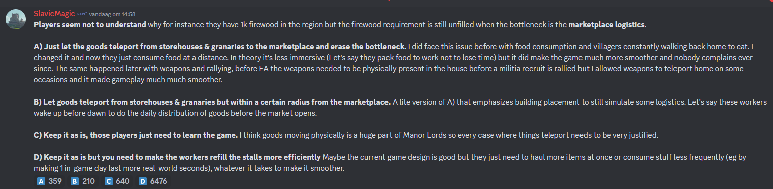 Discord vote on marketplace logistics in Manor Lords