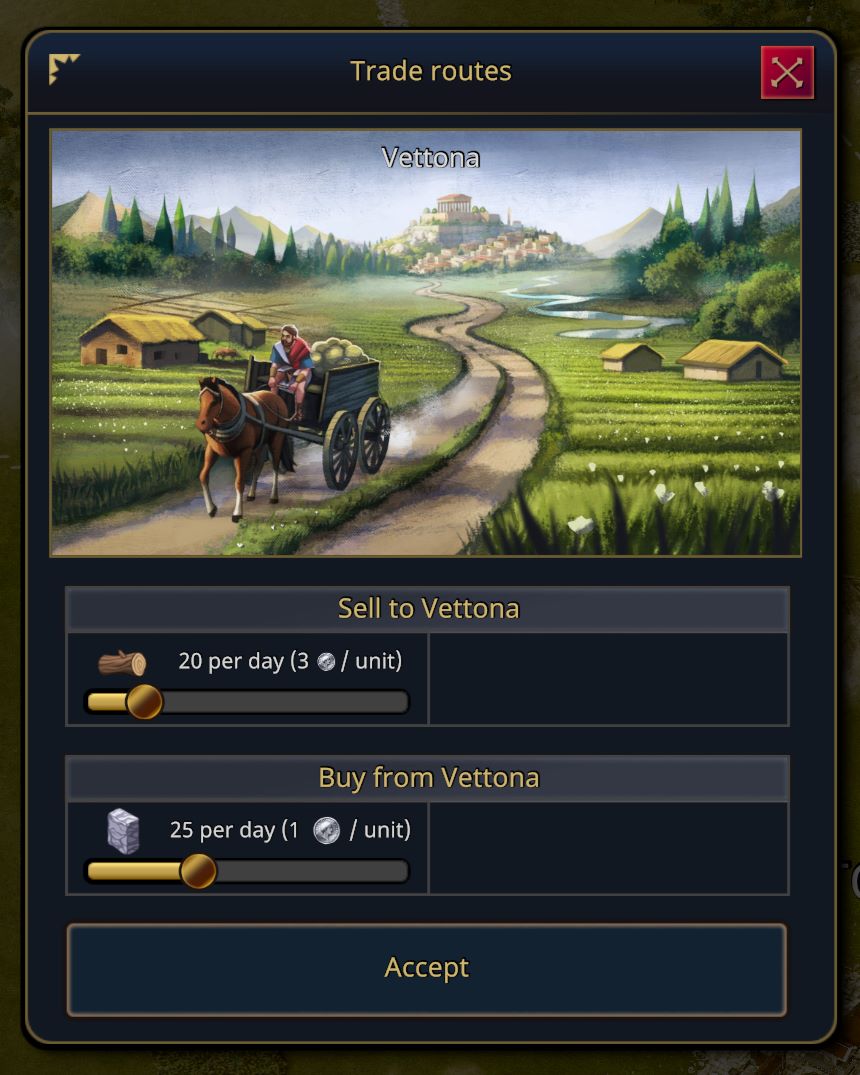 Setting up the traderoute with Vettona to both sell and buy goods.