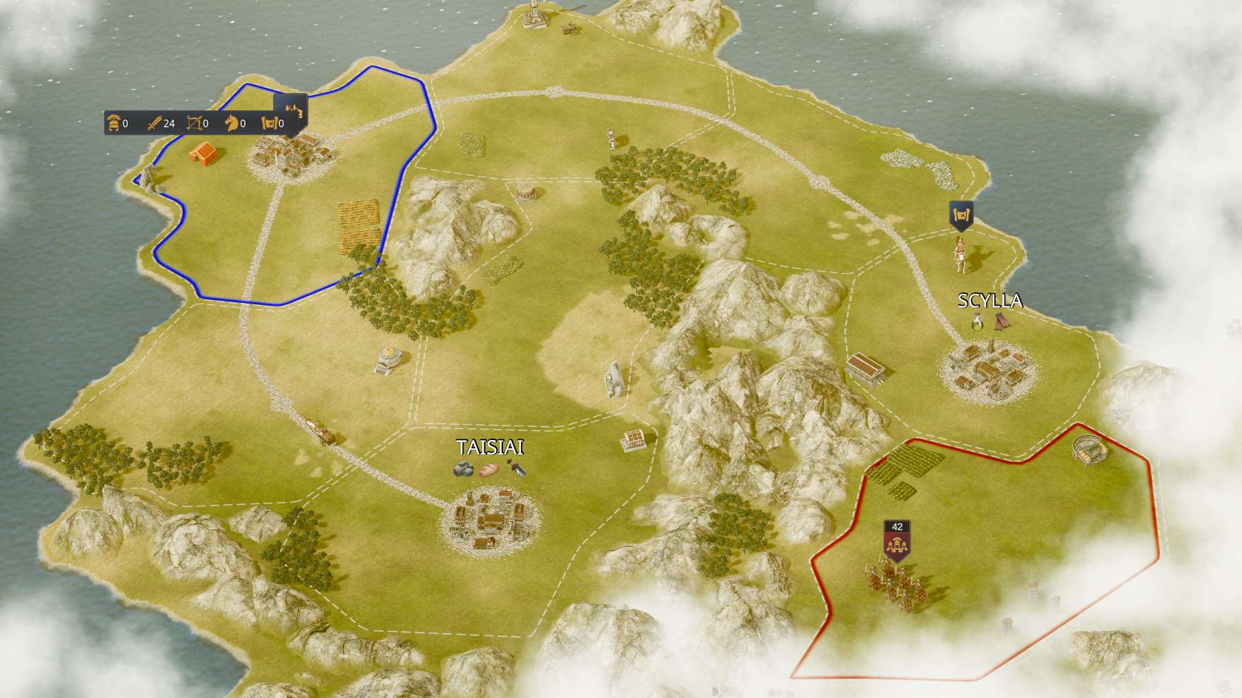 Your city in the 3rd mission of Citadelum, showing the 2 nearest city and an enemy army.