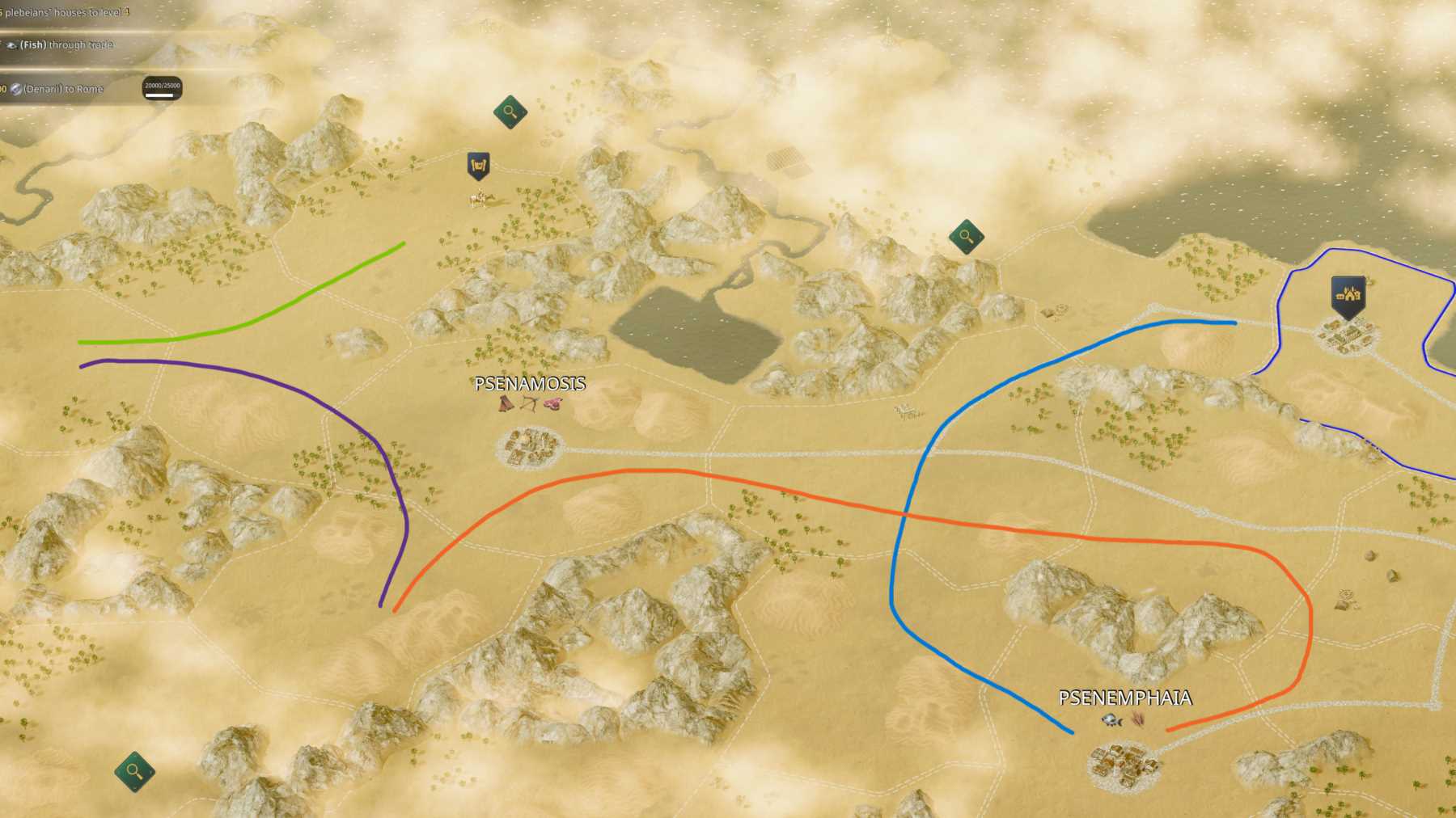 The discovered region west of your city. Following the blue, orange, purple and green lines in order will bring you victory.