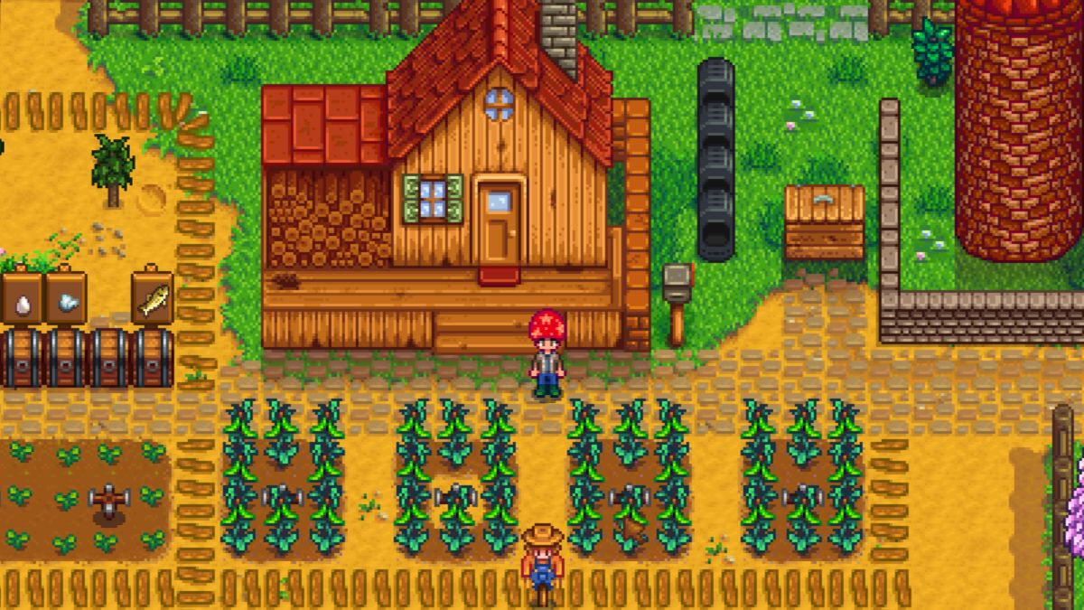 4 times 8 beans being watered by a sprinkler in Stardew Valley