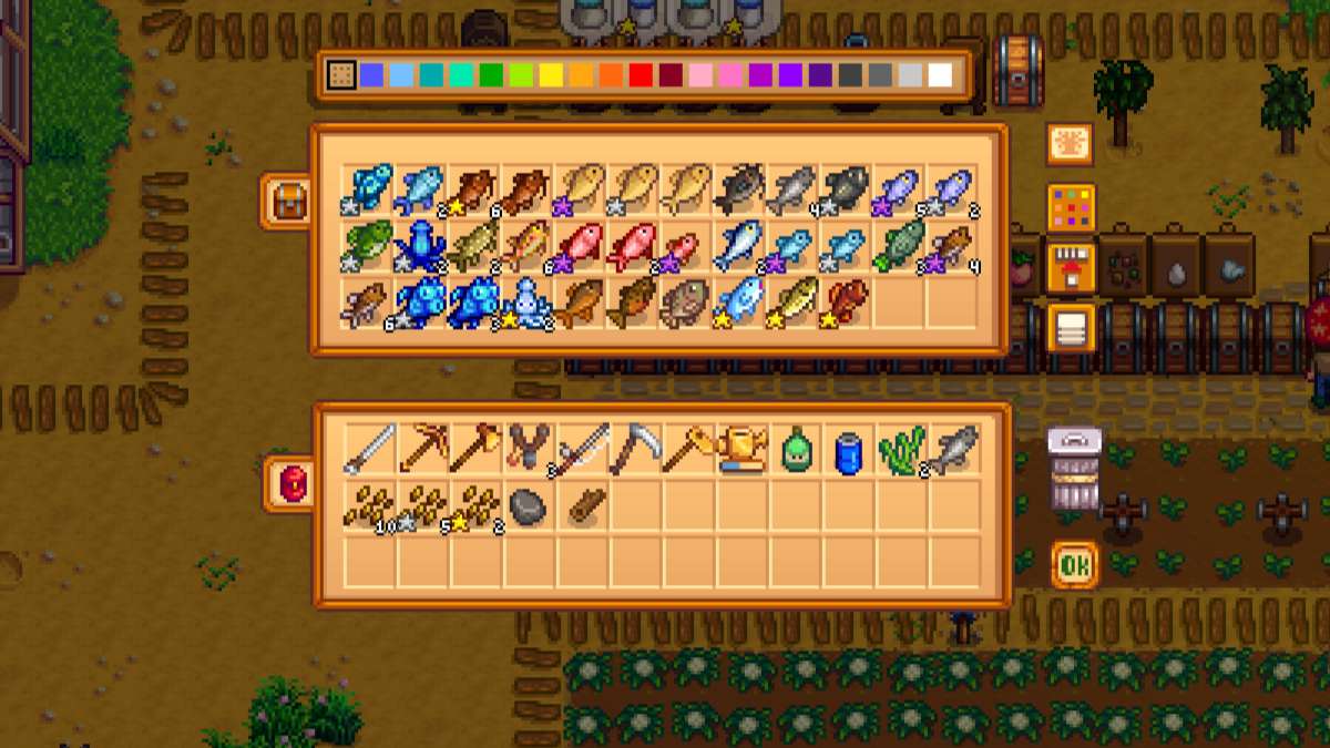 A chest in Stardew Valley, filled with different kinds of fish with varying quality.