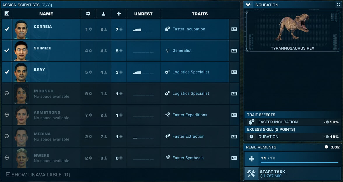 Starting a Tyrannosaurus Rex incubation is very costly in Jurassic World Evolution 2.