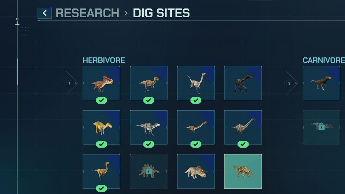 Armored Herbivores Dig Sites 1 research highlighted in Jurassic World Evolution 3