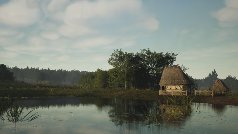 A screenshot of the Unreal Engine 5 version of Manor Lords, showcasing gorgeous water effects.