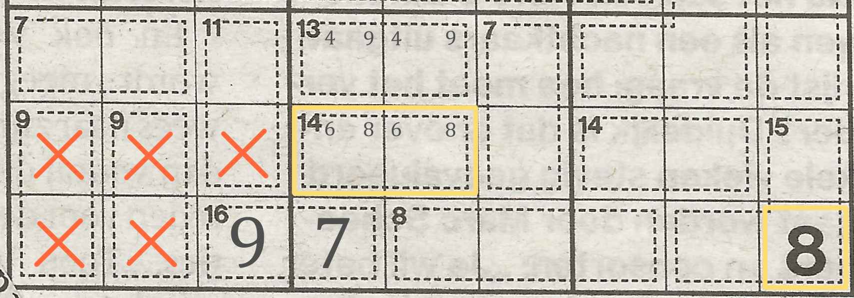 With the 8 used in combination 14 of the middle block, the 8 is no longer allowed in the middle line of the left block.