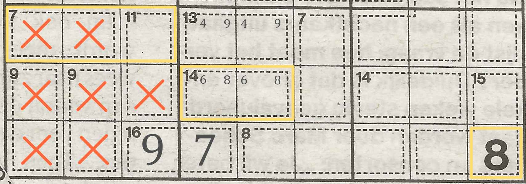 The 8 is only allowed of the top row in the left block. As 8 isn't used in a combination with sum 7, it must go in the combination with sum 11.